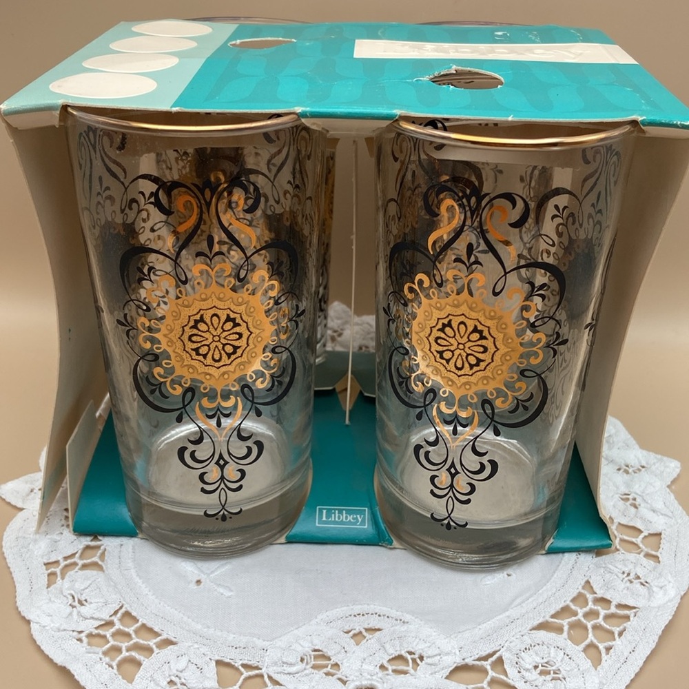 Vintage Libbey Ornate Gold & Black 12.5 oz tumbler highball glasses - set of 4